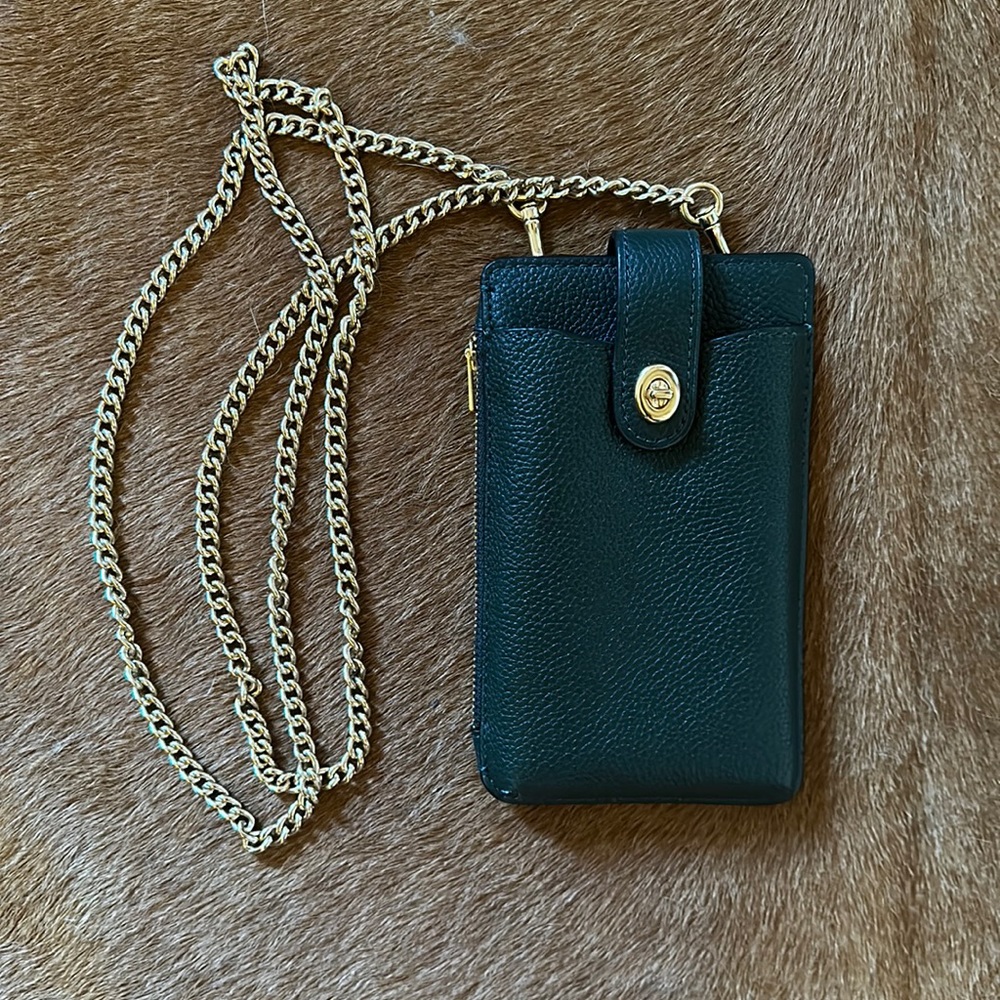 Coach green leather cell phone wallet holder with gold chain